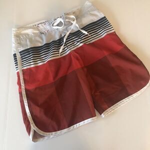 American Eagle Mens Board Shorts Sz M Red Stripe 10" Inseam Swim Trunks